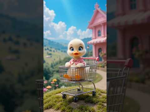 A cute duckling is driving down the hill in a shopping cart.
